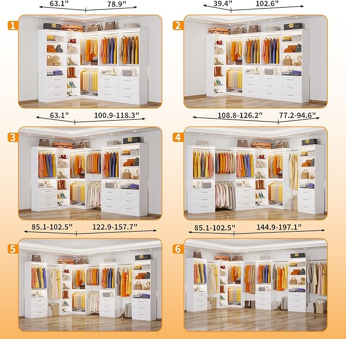 Closet System with 4 Sets, 8.5FT-21.5FT Corner Closet Organizer System with 9 Drawers & 12 Shelves & 8 Hanging Rods, Custom L-Shaped Modular Walk-in Closet Organizers and Storage System Corner, White