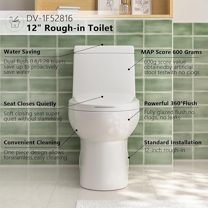 DeerValley Elongated One Piece Toilet with Standard Height Quick Release Seat Dual Flush 1.1/1.6 GPF White 12" Rough In Bathroom Toilet