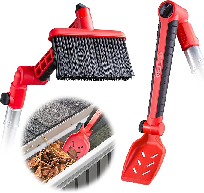 Multi-Angle Gutter Cleaning Tools from the Ground - Gutter Cleaner tool attachment for Threaded Poles - Gutter Scoop & Brush for rain gutter cleaning and leaf removal from Gutter Guard