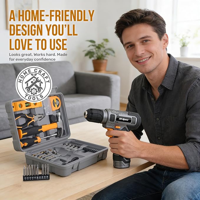 Hi-Spec 8V Cordless Drill Set & Household Tool Kit - USB Rechargeable, Gray | faster holes and screwdriving, bit accessories, portable carry storage, light-duty project control, home setup help, repairs