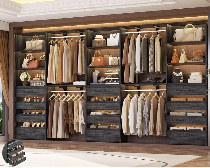 Aheaplus Closet System with 12 Drawers, 138.5" Wood Closet Organizer System with 4 Hanging Rods & Top Shelves, 6.7+4.85Ft L Shaped Corner Walk-in Closets Wardrobe Organizer Rack, Set of 3, Black Oak
