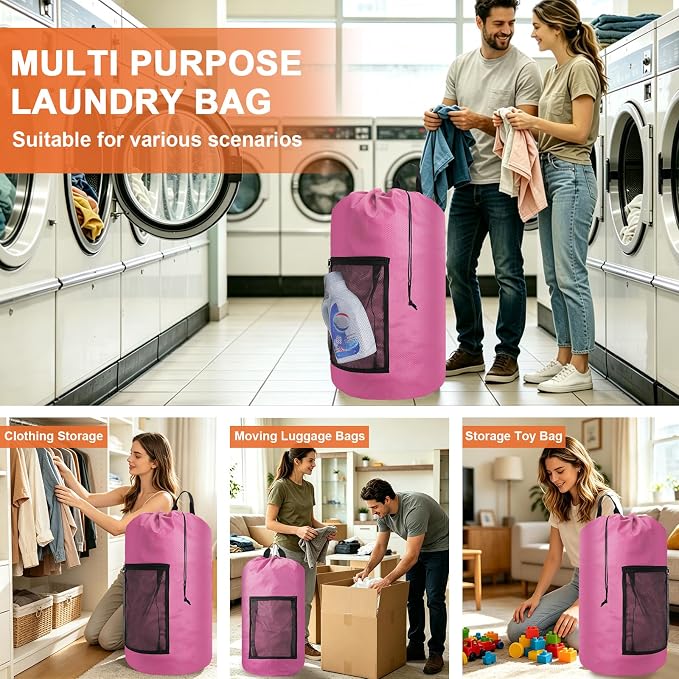 Laundry Bag Backpack Durable Laundry Bag with Shoulder Straps and Mesh Pockets Portable Laundry Hamper Dirty Clothes Bag for College, Travel, Laundromat, Apartment (Pink)