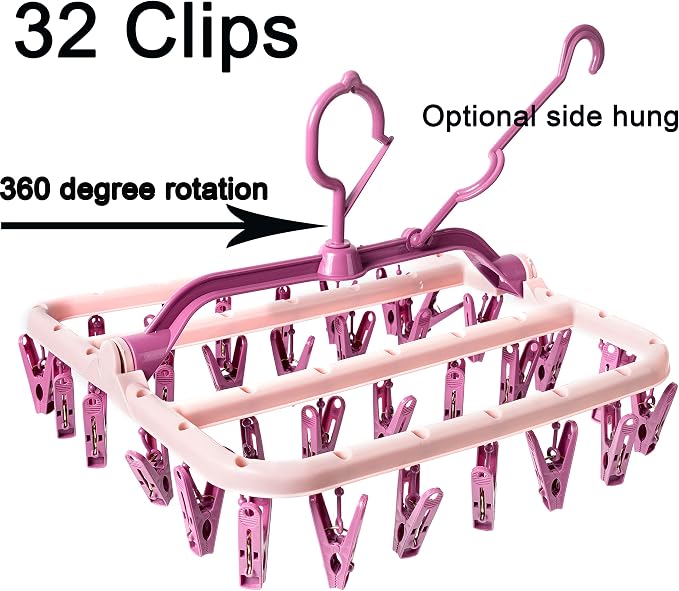 Foshine Clothes Drying Racks Foldable Clip Hangers Plastic with 32 Clips | Wind-Proof Hook Underwear Hanger For Socks Bras Pink