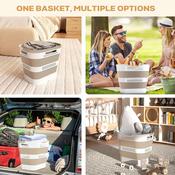 OOAMBB 43L+43L Collapsible Laundry Baskets plastic (Beige, 2 Packs) | Pop Up Laundry hamper/Storage Container, Foldable Laundry Basket with Handles, Durable,Space Saver