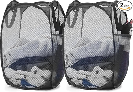 TECHMILLY Upgraded 105L Collapsible Mesh Pop Up Laundry Hamper with Sturdy Handles and Side Pocket - Portable Foldable Clothes Baskets for Dorm, Bathroom & Travel Storage (Black Plus，2 Packs)