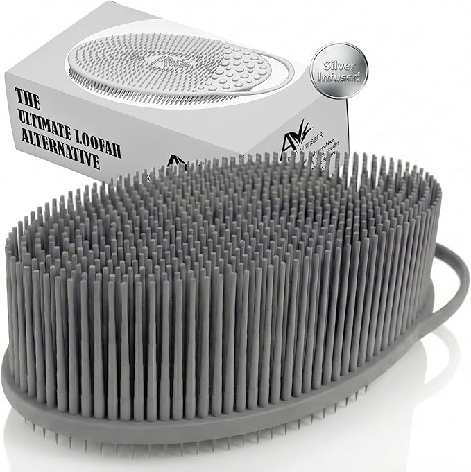 Avilana Silicone Body Scrubber for Shower – SGS Certified Food Grade Dual Sided Bath Brush, Gentle Exfoliating Silicone Loofah Alternative, Sensitive Skin Body Brush (Gray-Silver, Exfoliate)