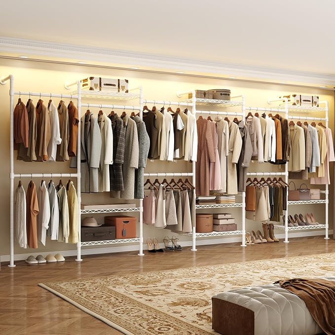 Wall Mounted Garment Rack, Industrial Pipe Clothing Rack, Closet System with 6 Expandable Rods, Walk in Closet Shelving, Clothes Organizers and Storage, Hanging Racks Wardrobe Renovation, White