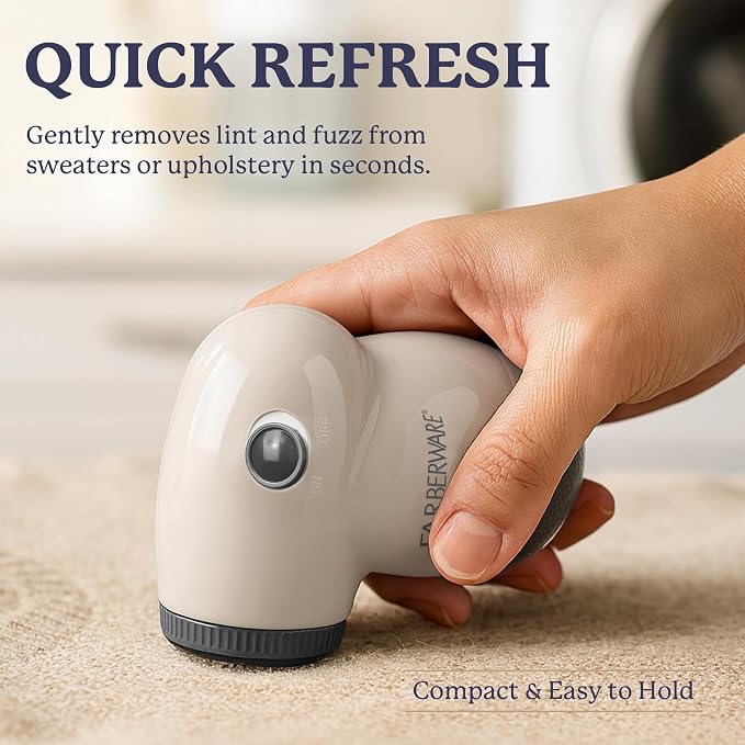 Farberware Fabric Shaver & Lint Remover for Clothing, Small, Portable | Triple blade sweater shaver removes pilling, fuzz, and lint balls from clothes, couch, and furniture, battery operated