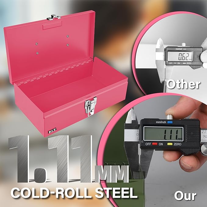 P.I.T. 11'' Small Tool Box, Portable Metal Tool Box,Pink Mini Tool Chest, Portable Steel Tool Case with Metal Latch Closure for Basic Tool Kits or Craft Storage