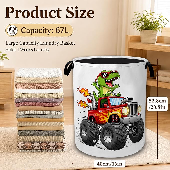 Dinosaur Truck Laundry Basket with Handles, Foldable Tall Oxford Clothes Hamper, Lightweight Water-Resistant Storage Bin for Bedroom Bathroom College Dorm, 16 x 20.8 Inch