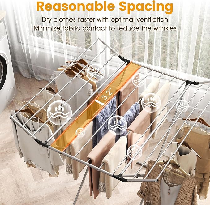 Giantex Foldable Clothes Drying Rack, Freestanding Aluminum Laundry Drying Rack with 2 Side Wings, Portable Space-Saving Clothing Airer for Indoor Outdoor Use
