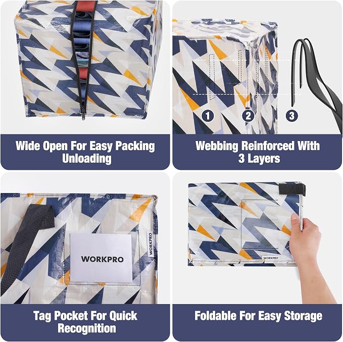 WORKPRO 6 Pack Extra Large Moving Bags with Backpack Straps & Handles | Heavy Duty Moving Storage Bags, W - Alphabet Printing, Double Zippers for Moving, Dorm, Closet Storage & Travel