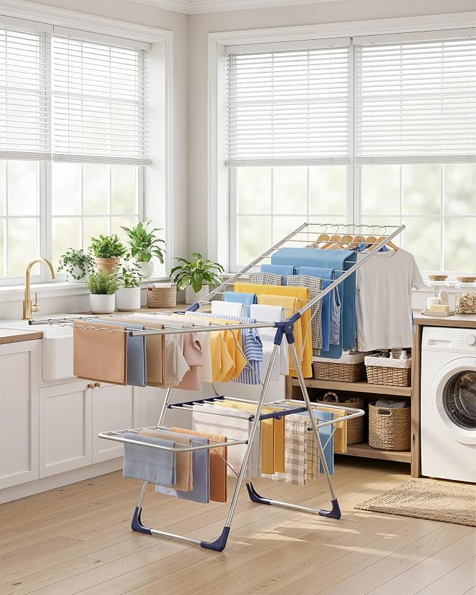 Sakugi Clothes Drying Rack, Foldable 2-Level with 70" Adjustable Wings | Laundry Room, Bedroom, Indoor & Outdoor Use, Height Adjustable, Clothing & Bedding, 70.0" L × 22.8" W, Silver and Blue
