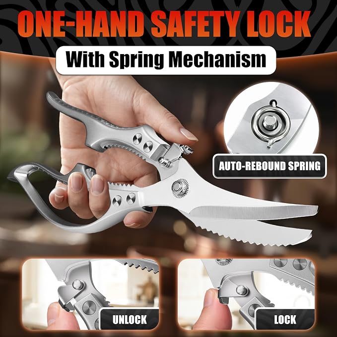 Premium Stainless Steel Poultry Shears – Heavy Duty Kitchen Shears for Food, Hardened Blades, One-Hand Safety Lock, Spring Mechanism, Dishwasher Safe – Chicken, Meat Cutting, Turkey, Fish & Vegetables