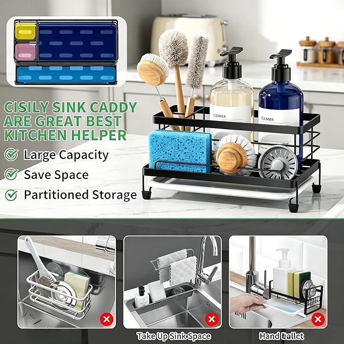 Cisily Sponge Holder for Kitchen, Sink Caddy Organizer, Kitchen Sink Accessories with Drip Tray, Rustproof and Non-slip Kitchen Sink Sponge Holder (Black)