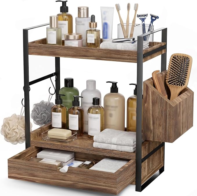 Kottwca 2-Tier Bathroom Counter Organizer with Drawer, Basket & Hooks, Wooden Vanity Shelf for Skincare, Perfume & Makeup Storage(Dark Brown)