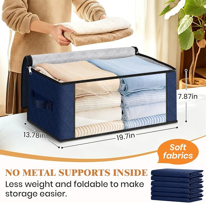 Fab totes 35L Closet Organizers and Storage, Foldable Under Bed Storage Containers, Storage bags for Organizing Bedroom, Closet, Clothing,Organization with Handle (6 Pack,Blue)