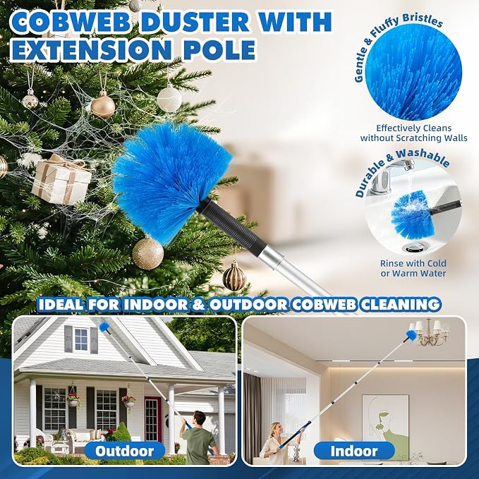 LOVECO Duster Kit with 3-12FT Extension Pole for High Ceilings Cleaning | 7 Pcs Include Cobweb Brush, Window Squeegee, Long Fan Duster, Wall Mop Head to Clean Dust, Hair & Cobweb on Various Surfaces