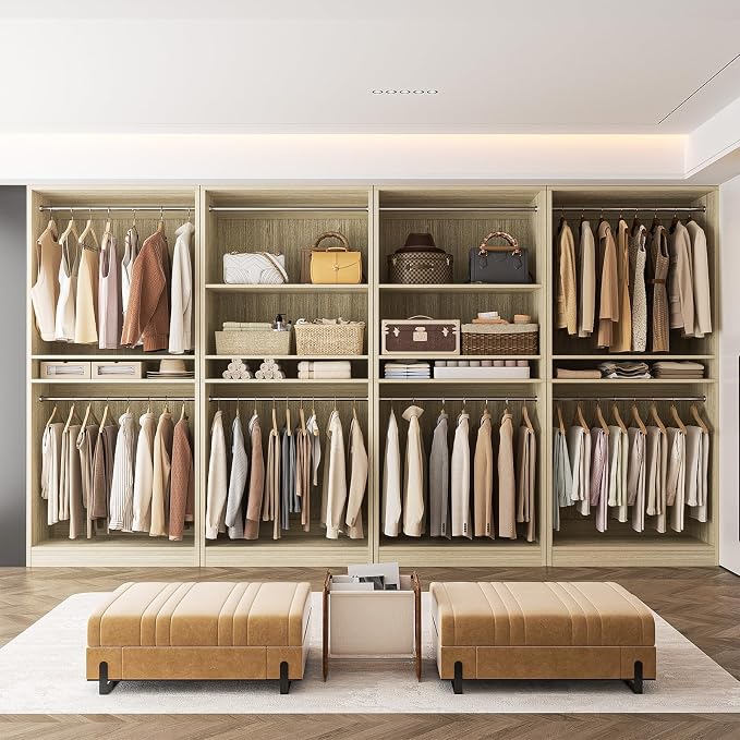 Unikito 12FT Modular Closet System with 8 Hanging Rods, 2800LBs Wood Garment Rack, 4-Pieces Ultra-Wide Walk-in Closet Organizer, Freestanding Clothing Shelves, White Oak