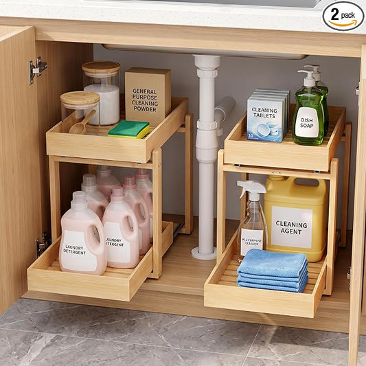 Bamboo Under Sink Organizer and Storage, 2 Pack Pull Out Cabinet Organization, 2 Tier Vertical Slide Out Undersink Storage Shelf, Multi-Purpose Organizer Shelves for Kitchen Bathroom Medicine