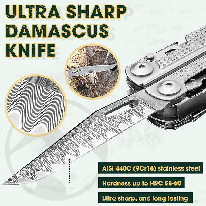 Multper Multitool Pliers with Damascus Knife & Large Scissors,Screwdriver | EDC Multi tool with Replaceable Wire Cutters, Sheath, Bottle Opener, Ideal for Camping,Survival, Repair, Gifts for Men