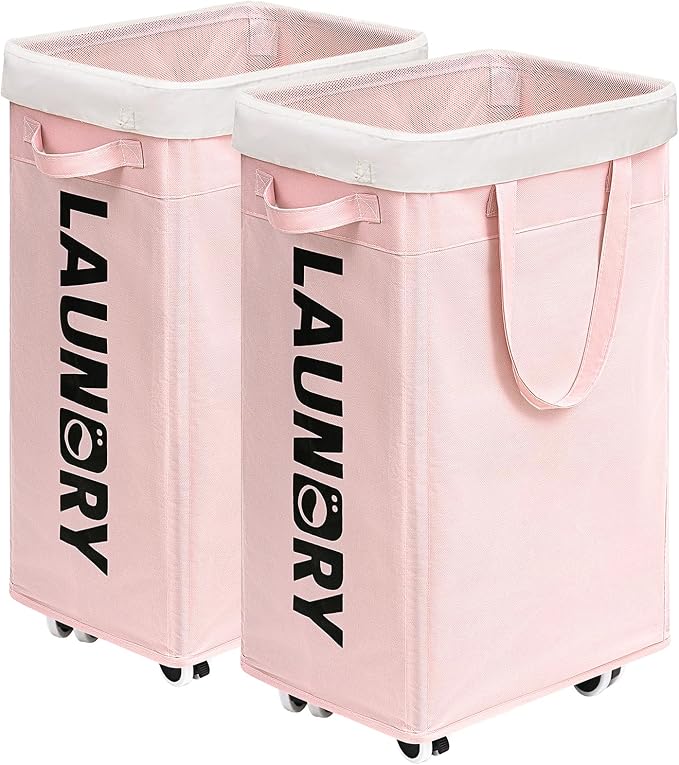 Goodpick 2-Pack Laundry Hamper with Wheels, Dorm Essentials for Girls,75L | Laundry Basket with Wheels, Collapsible Laundry Basket, Rolling Laundry Hamper with Handle for College Dorm,Pink