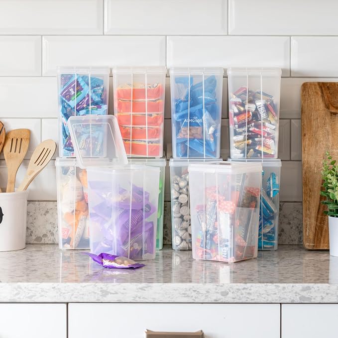 IRIS USA Vertical Storage Bins with Lids |Made in USA| Flip Top Containers for Organizing Pantry, Office, Craft, and Study Supplies - Medium (10-Pack)