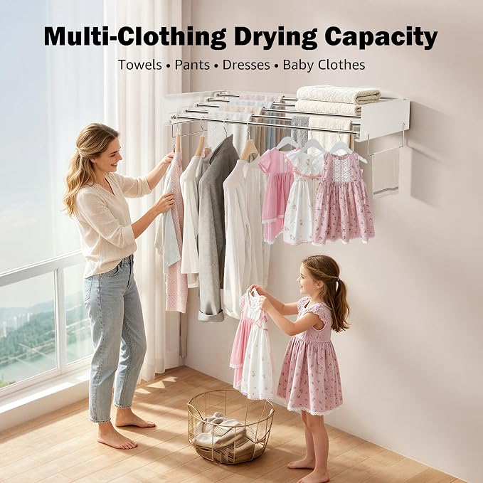 Wall Mounted Drying Rack 32" – Foldable Clothes Drying Rack Wall Mounted, 65 LBS Laundry Rack Wall Mounted, Retractable Clothes Rack for Laundry Room, Indoor & Outdoor Space Saver, 5 Rods, White