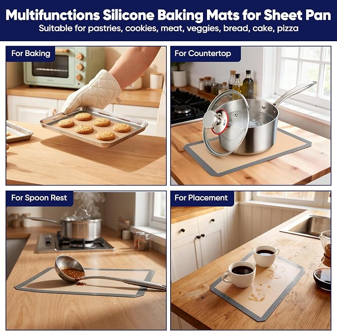 E-far Mini Silicone Baking Mat, 2-Pack Nonstick Reusable Silicone Mats for Toaster Oven Pan Baking Cookie, Fit 7”x9” Rectangle Sheet Tray for Bacon, Food Grade & Heat-Resistant & Dishwasher Safe, Gray