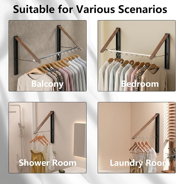 Dr.DJ Clothes Drying Rack with Rod, Wall-Mounted Retractable & Foldable Clothes Hanger for Laundry Room Organization and Storage, Metal Clothes Hanger Rack for Dorm, Closet, Balcony 2Rack, 1Rod Wood