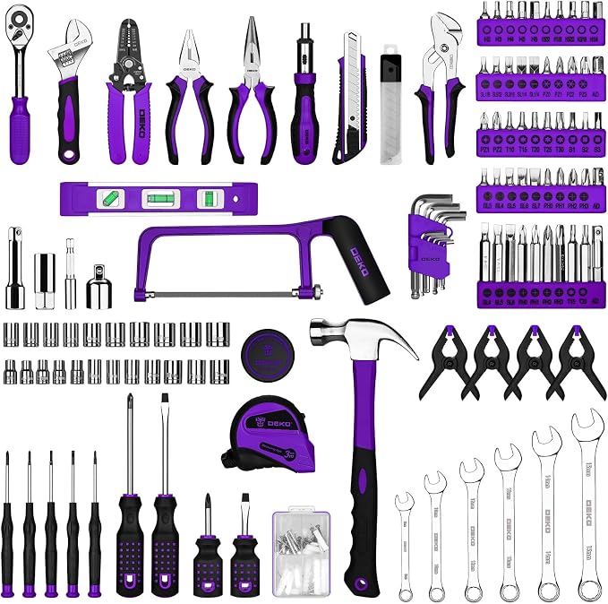 DEKOPRO Tool Set: 228 Piece Home Tool Kit, Household Basic Repair Tool Set Comes with Storage ToolBox, Socket Wrench Set for Car, Hand Tool Box Set for Home - Purple