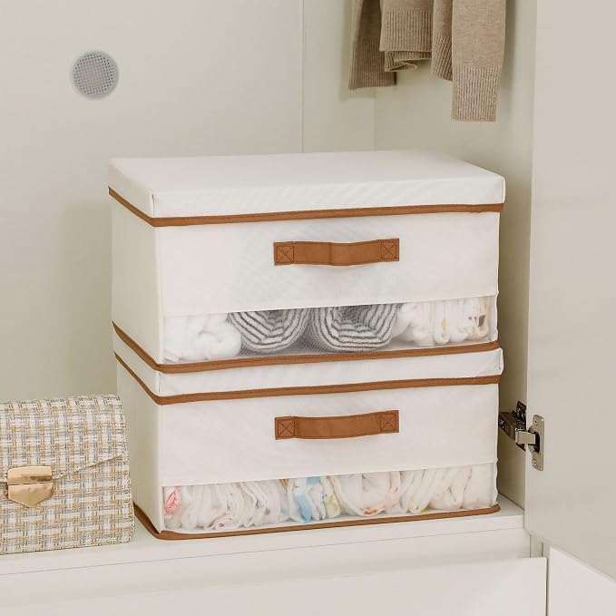 Closet Storage Bins with Lid, Large Stackable Oxford Fabric Organizer with Mesh Window and Handles, Foldable Basket for Clothes, Towels, Toys, Nursery, Beige, 2 Pack