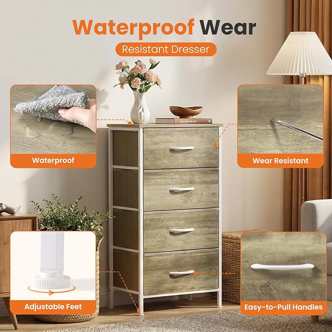 Sweetcrispy Dresser for Bedroom, 4 Drawer Storage Cabinet, Tall Nightstand | Small Fabric Dresser for Closet, Chest of Drawers, Closet Organizer, Home Furniture, Sturdy Frame, Oak Greige