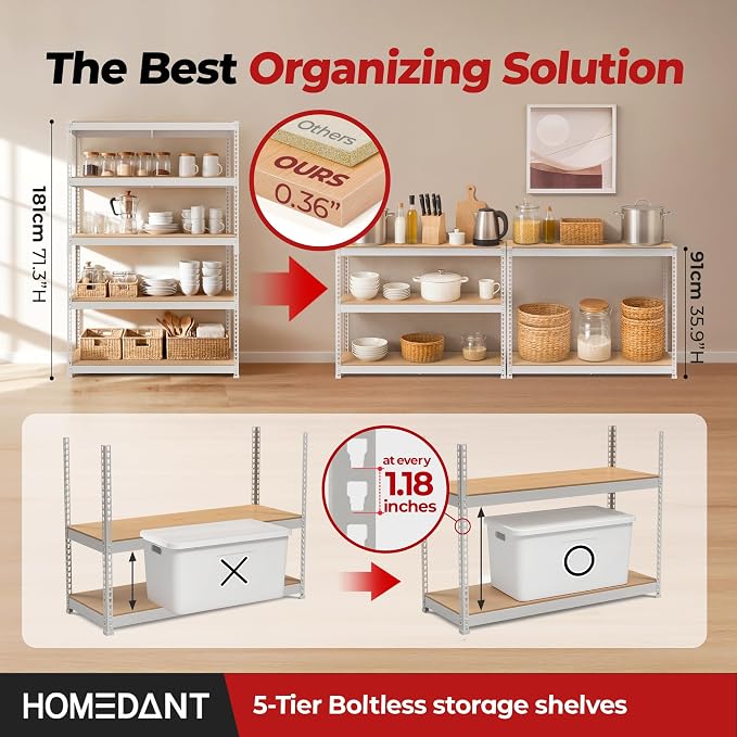 HOMEDANT 47.7" W Deep 5 Tier Heavy Duty Garage Shelving Adjustable Metal Rack Storage Shelves Standing Shelf Unit Organizers Industrial Warehouse Basement White 2Pack