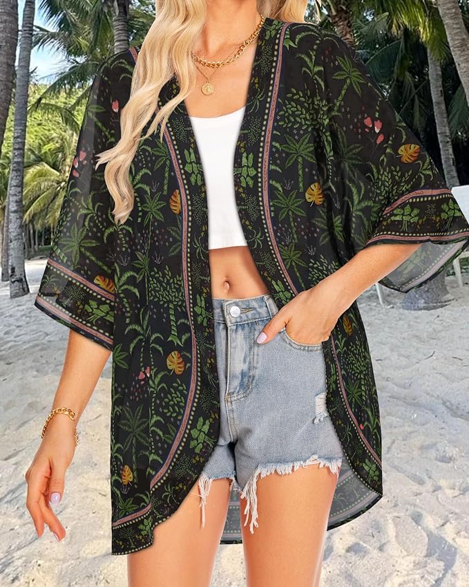 Women Kimono Cardigans Summer Cover Up Hawaiian Shirts Floral Print Tops | ROSEMIA chiffon kimono open front cardigans, beach cover ups, daily casual tops, cruise outfits, summer resort wear