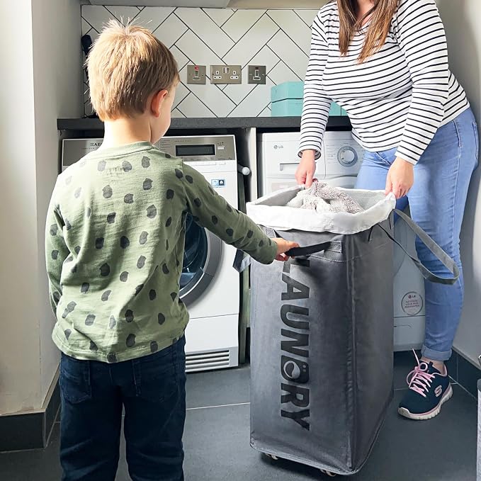 CHICVITA 75L Rolling Laundry Basket with Wheels 2-Pack, Wash Bags, Grey | Foldable slim-design laundry baskets for corner dorms. Large capacity with removable wash bags