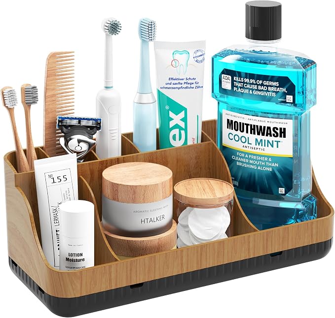 Bathroom Counter Organizer and Storage with 2 Pack Qtip Holder Dispenser, 7 Slots Detachable Toothbrush Holders for Bathrooms, Anti-Slip Electric Toothbrush and Toothpaste Holder Countertop