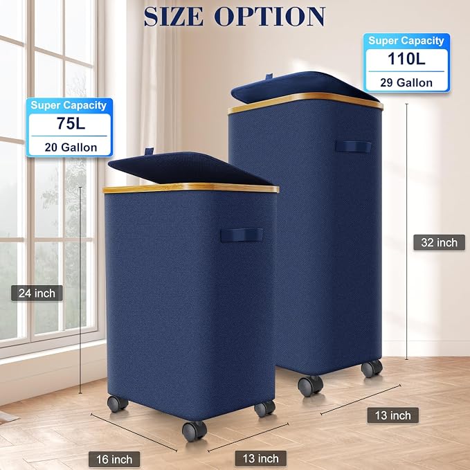 Laundry Hamper with Wheels, 75L Rolling Laundry Basket with Lid | Clothes Hampers for Laundry with Inner Bag, Dirty Clothes Hamper for Bedroom, Dorm, Bathroom, Laundry Room