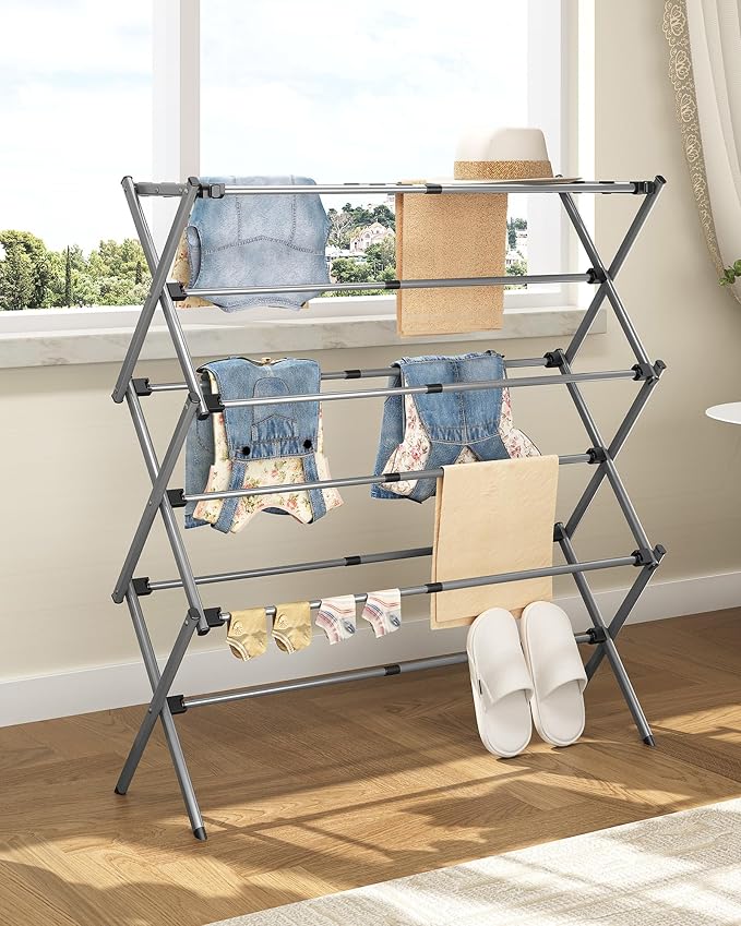 APEXCHASER 3-Tier Foldable Clothes Drying Rack, 37.6" H, Grey/Black | Rust-resistant Metal, Tool-free Assembly, Extendable Drying Hanger, Fold Flat to Easy Storage, 11.8" D x 35" W, Holds 24lbs