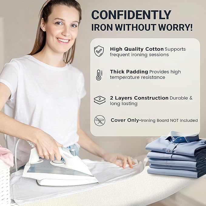 UniSimp Ironing Board Cover and Pad 15"x54" Extra Thick Natural Cotton, Scorch and Stain Resistant Padding,Standard Size Iron Board Cover with Fasteners Heavy Duty Elastic Edge, Beige