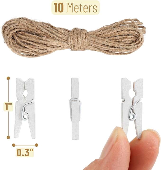 Mr. Pen- Mini Wooden Clothes Pins for Photo, 1 Inch, 200 Pack, White Small Clothespins with 10 Meter Jute Twine for Scrapbooking, Labeling Plants, Gift Tags, Tiny Crafts, Photo Display, Decoration