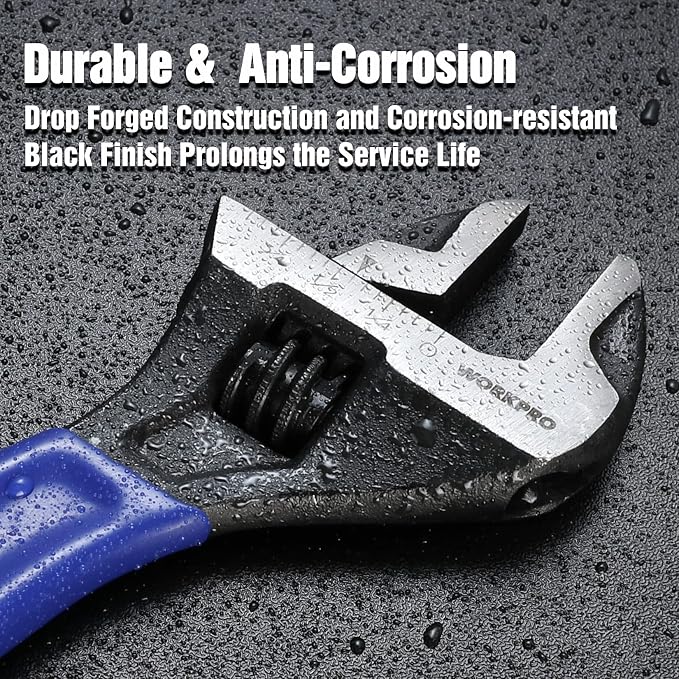WORKPRO 6-Inch Compact Adjustable Wrench, Wide Jaw Cr-V steel Wrench | Black Oxide Finish, Metric & SAE Scales, Fits M6–M16 bolts for Home Repairs, Garage, DIY and Light Workshop Use.