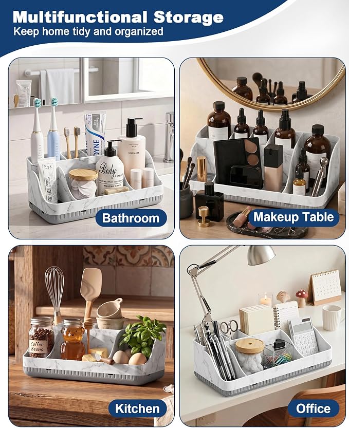 Bathroom Counter Organizer and Storage with 2 Pack Qtip Holder Dispenser, 7 Slots Detachable Toothbrush Holders for Bathrooms, Anti-Slip Electric Toothbrush and Toothpaste Holder Countertop