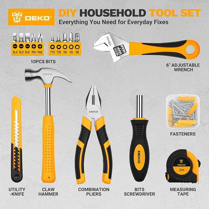DEKOPRO 86PCS Tool Set Household DIY Tool Kit with Storage Toolbox, Small Compact Hand Tool Box Set for Home Use, DIY, Apartment, Office & Home Repair, Orange