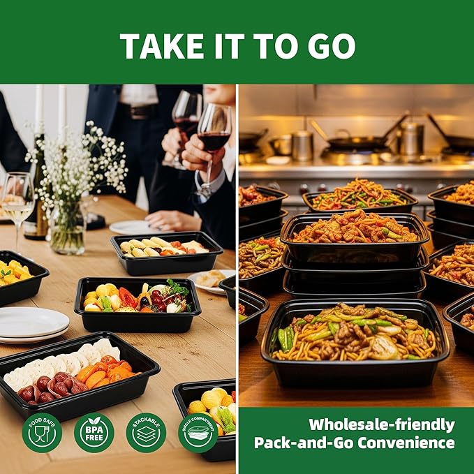 Meal Prep Containers, 50 Pack 12oz Disposable Take Out Food Storage Containers with Leakproof Lids, Reusable Plastic To Go Lunch Boxes, BPA Free, Microwave/Dishwasher/Freezer Safe