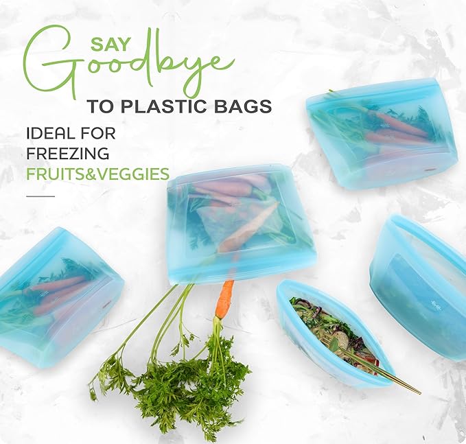 ZiP Standing Reusable food container, silicone bag, 6 Pcs Zip Containers Can be used for fruit and vegetable snacks, etc. Microwave Dishwasher and Freezer Usable (white)