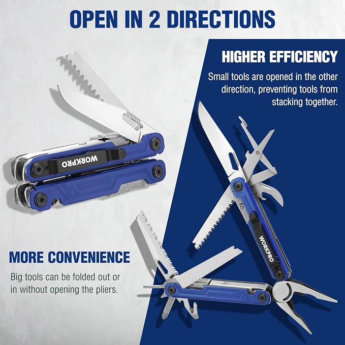 WORKPRO 18-in-1 Multi Tool Pliers Pocket Knife, 2 Safety Locks, EDC, Blue | Gifts for Men Dad Women Wife, Stainless Steel Multitool, Belt Clip and Oxford Pouch, Utility Tool for Camping