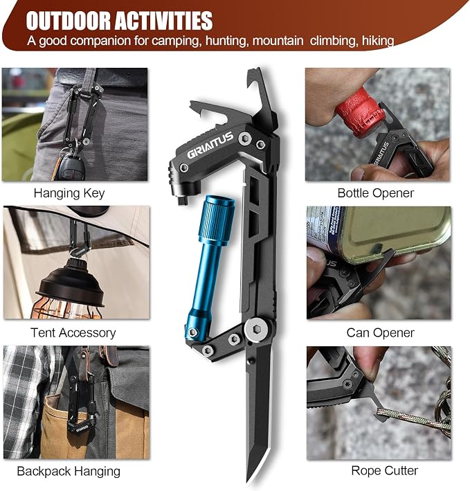 Carabiner Multitool with Pocket Knives, EDC Carabiners, for Camping (Blue) | Stocking Stuffers Gifts for Men, Serrated Knife, Rope Cutter, Screwdriver, Can Bottle Opener, Ruler, Folding Knife, Hiking