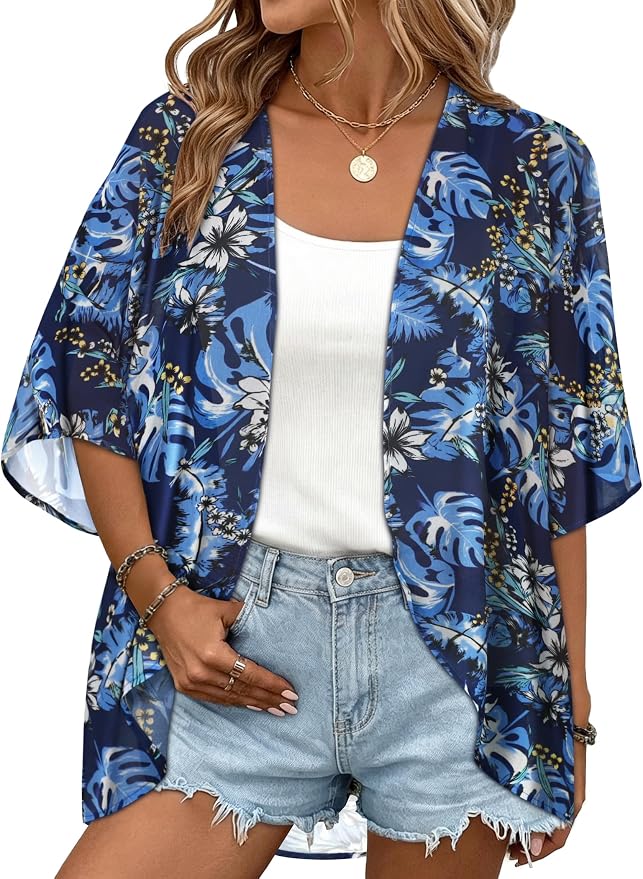 Women Kimono Cardigans Summer Cover Up Hawaiian Shirts Floral Print Tops | ROSEMIA chiffon kimono open front cardigans, beach cover ups, daily casual tops, cruise outfits, summer resort wear