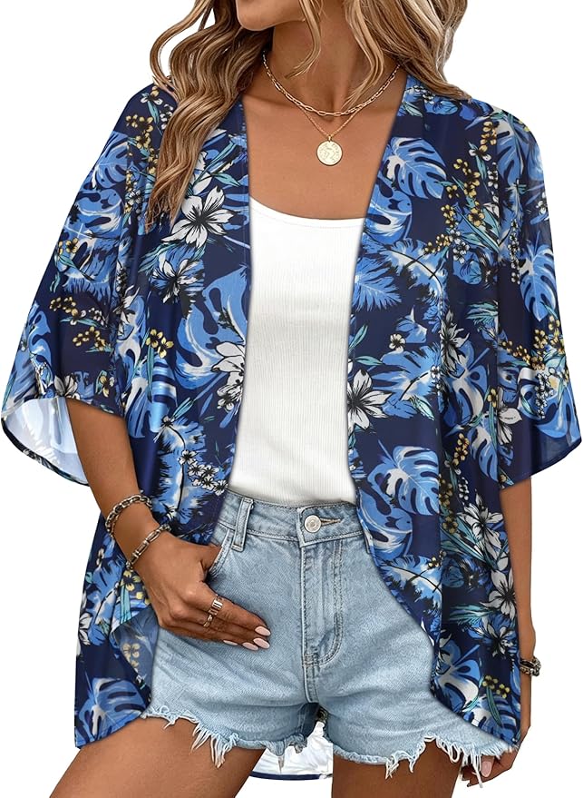 Women Kimono Cardigans Summer Cover Up Hawaiian Shirts Floral Print Tops | ROSEMIA chiffon kimono open front cardigans, beach cover ups, daily casual tops, cruise outfits, summer resort wear
